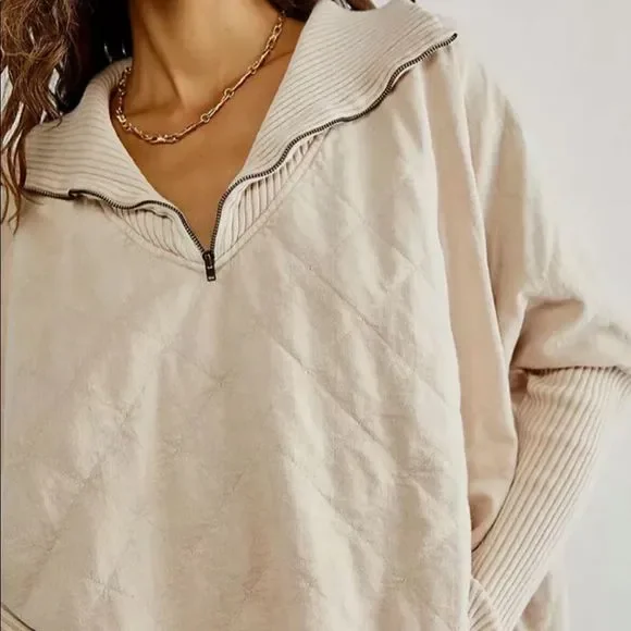 Free People Shiloh Quilted Sweatshirt Pullover Zip Swing Hi Lo Sand Tan - Picture 4 of 5